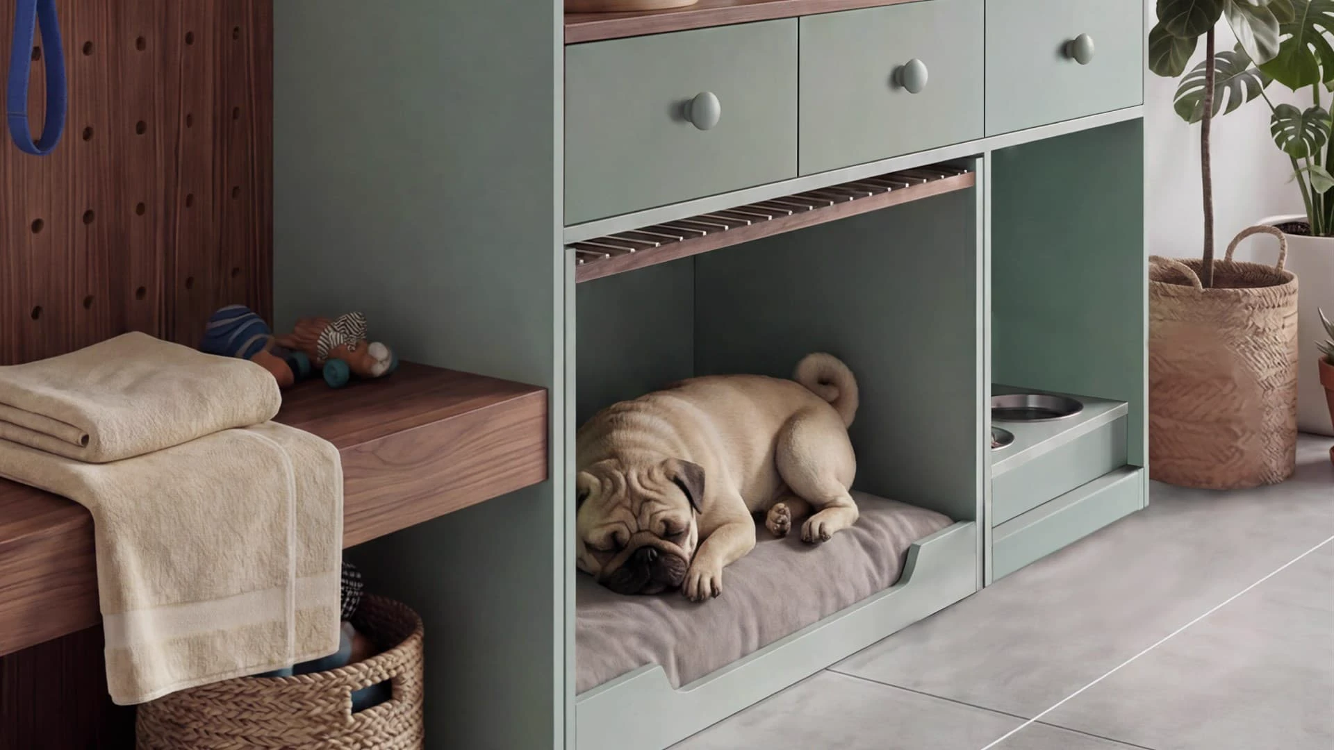 A sleeping Pug supported by an integrated entry-care rest niche beside towels, toys and feeding storage