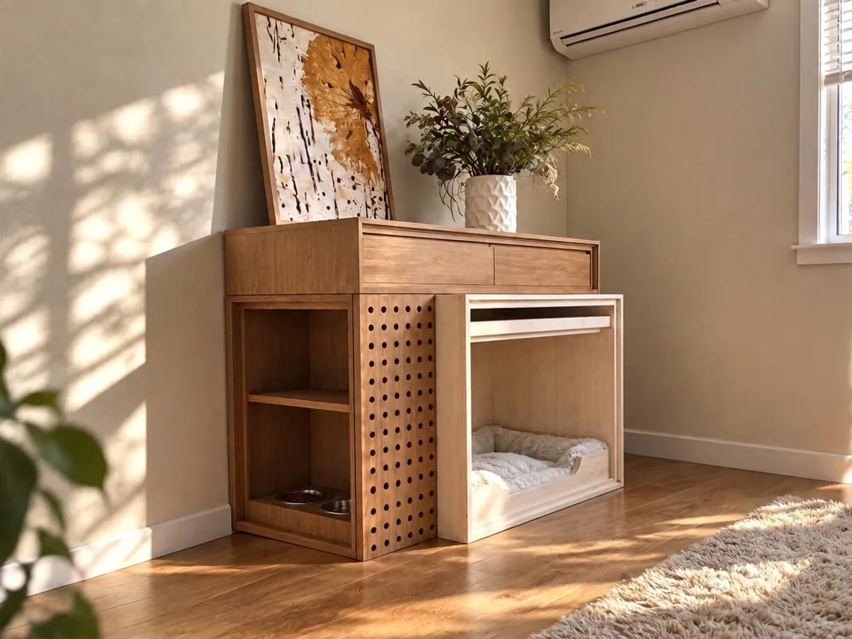 An oak console with two drawers, an open feeding shelf with bowls behind a perforated side panel, and a cushioned resting bay
