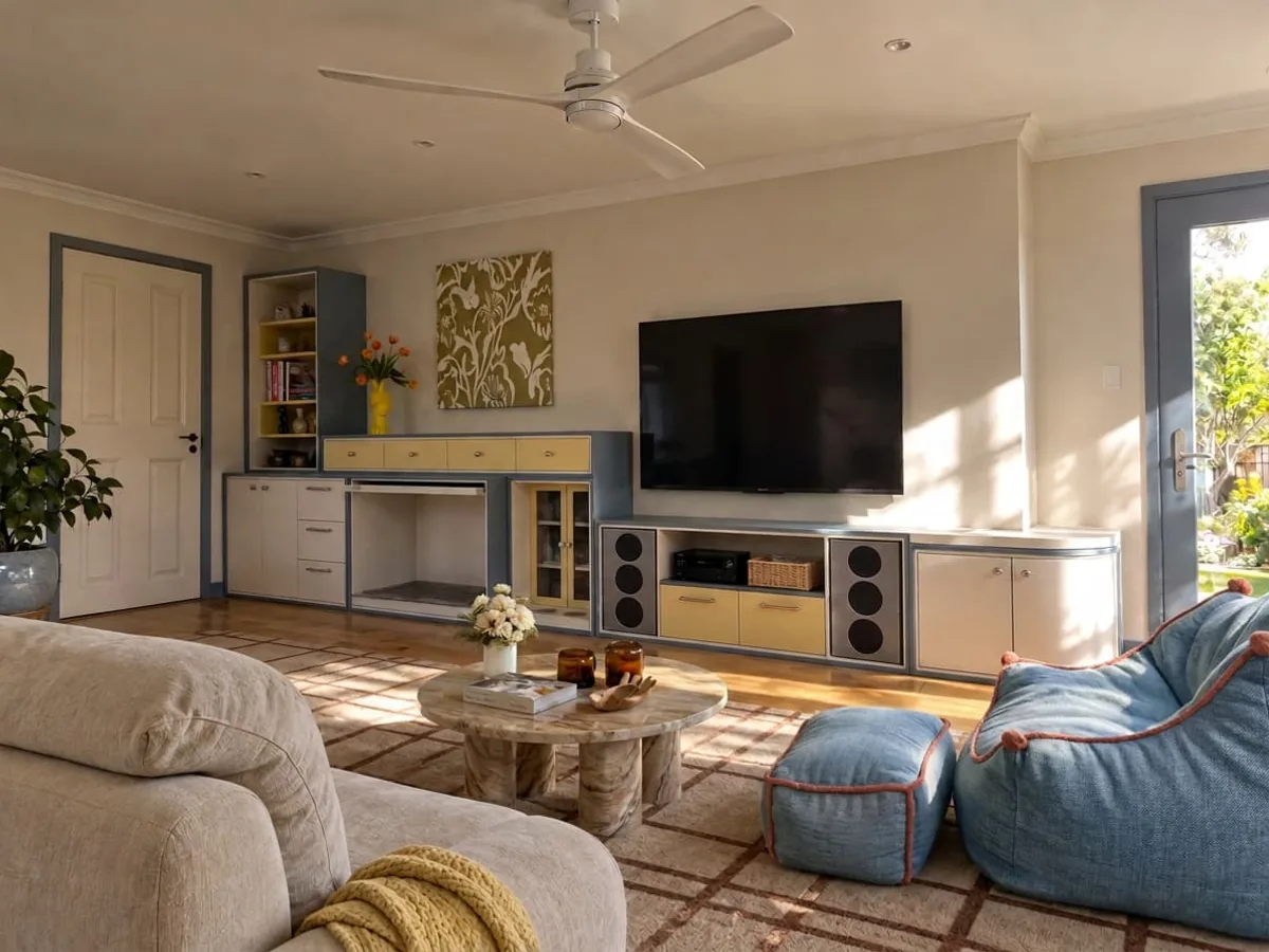 A long blue, yellow and white media wall with display shelving, drawers, speaker cabinets and an open resting bay