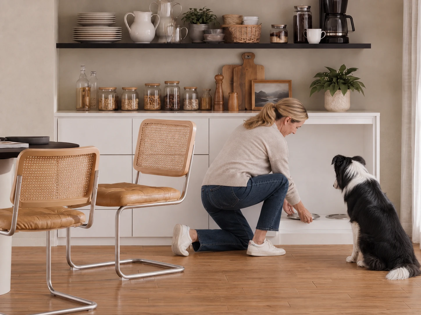 A woman setting down a bowl at a feeding station built into dining-room cabinetry while a Border Collie waits