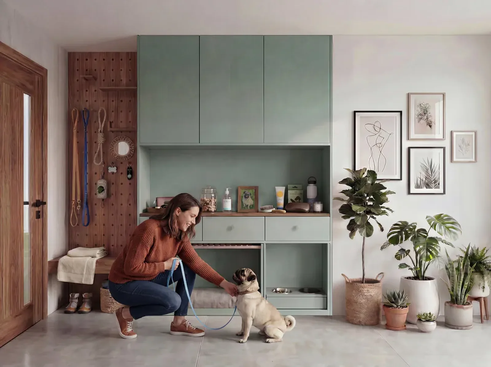 A woman greeting a Pug beside sage-green entry joinery with hooks, leads and a low resting bay