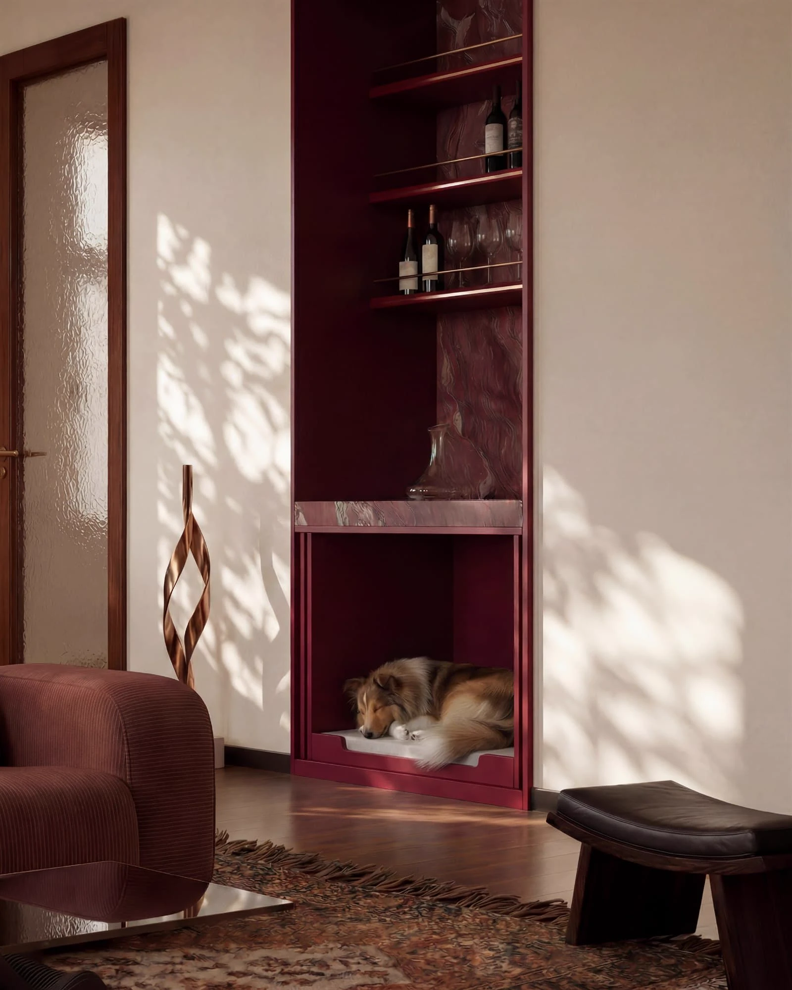 A Shetland Sheepdog sleeping within a burgundy built-in retreat in a warm living room