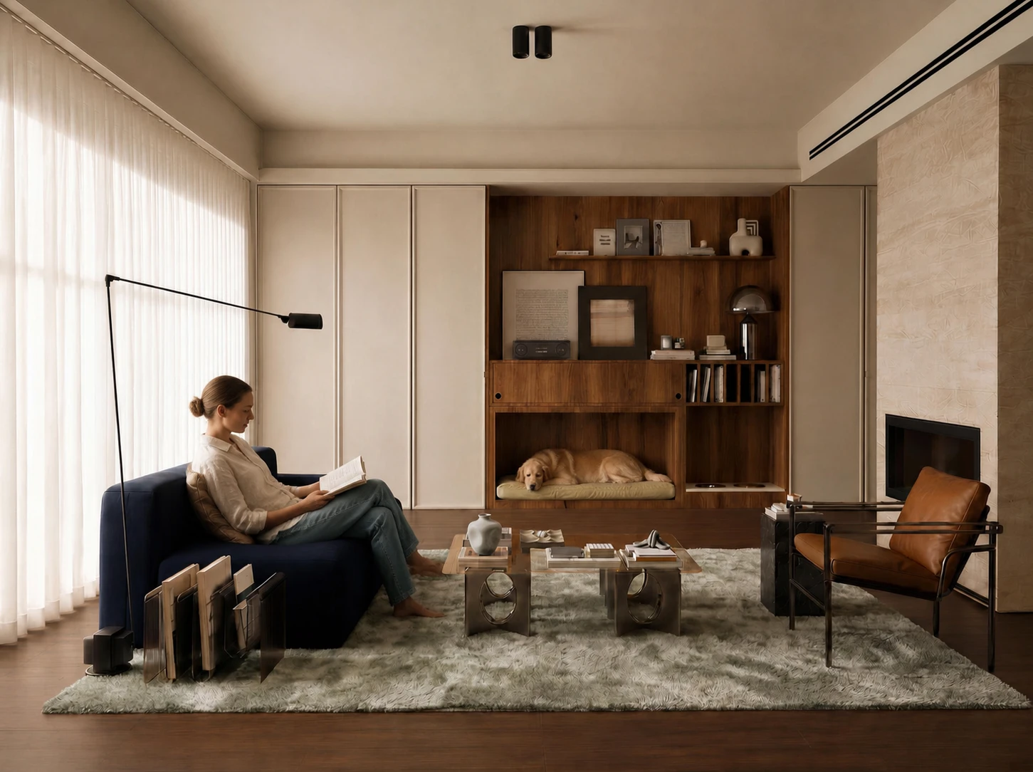 An Australian woman reading while a Golden Retriever rests within integrated living-room joinery