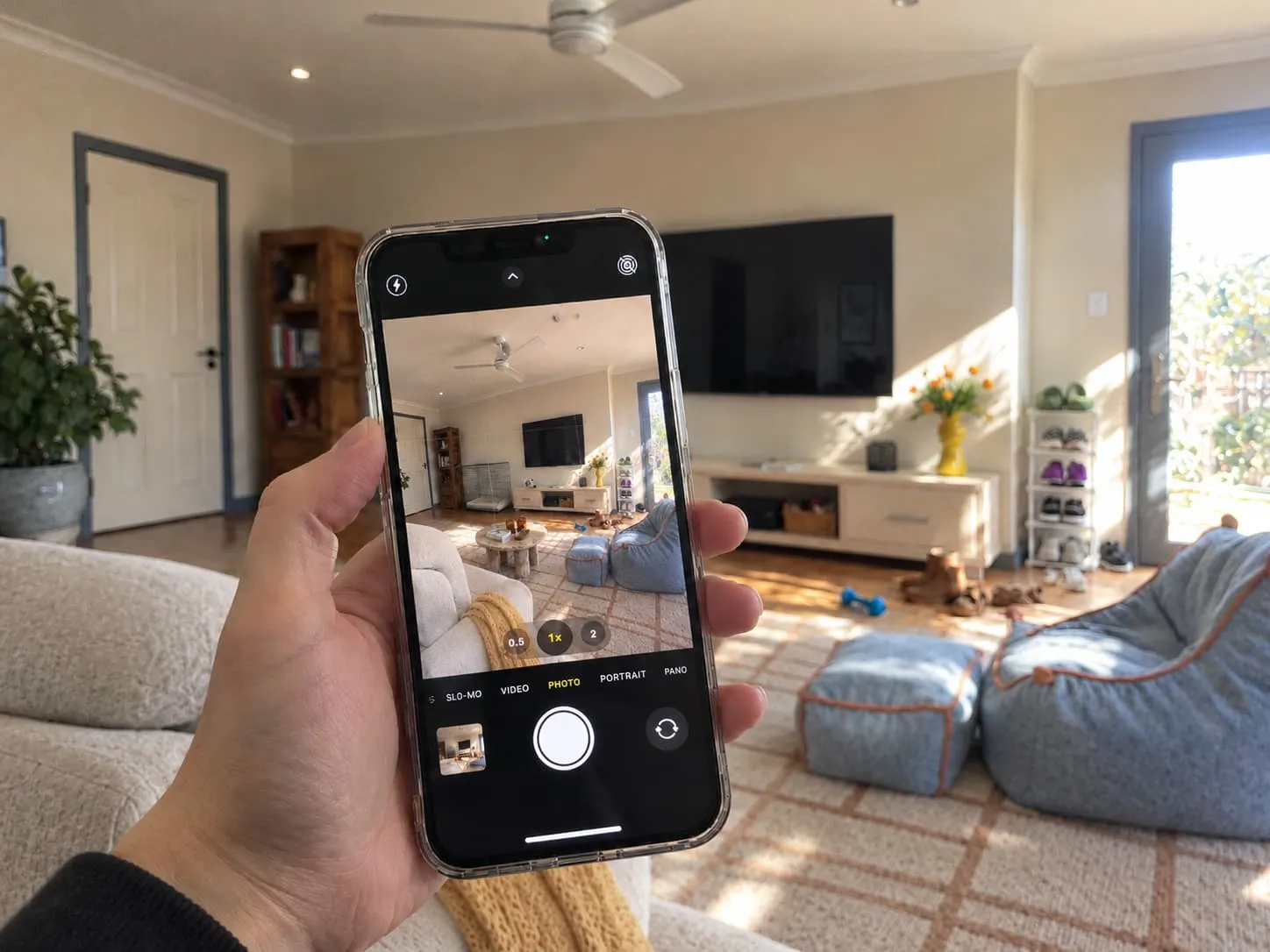 A client photographing their living room on a phone: a TV wall, a small bookcase, a pet crate and shoes by the garden door